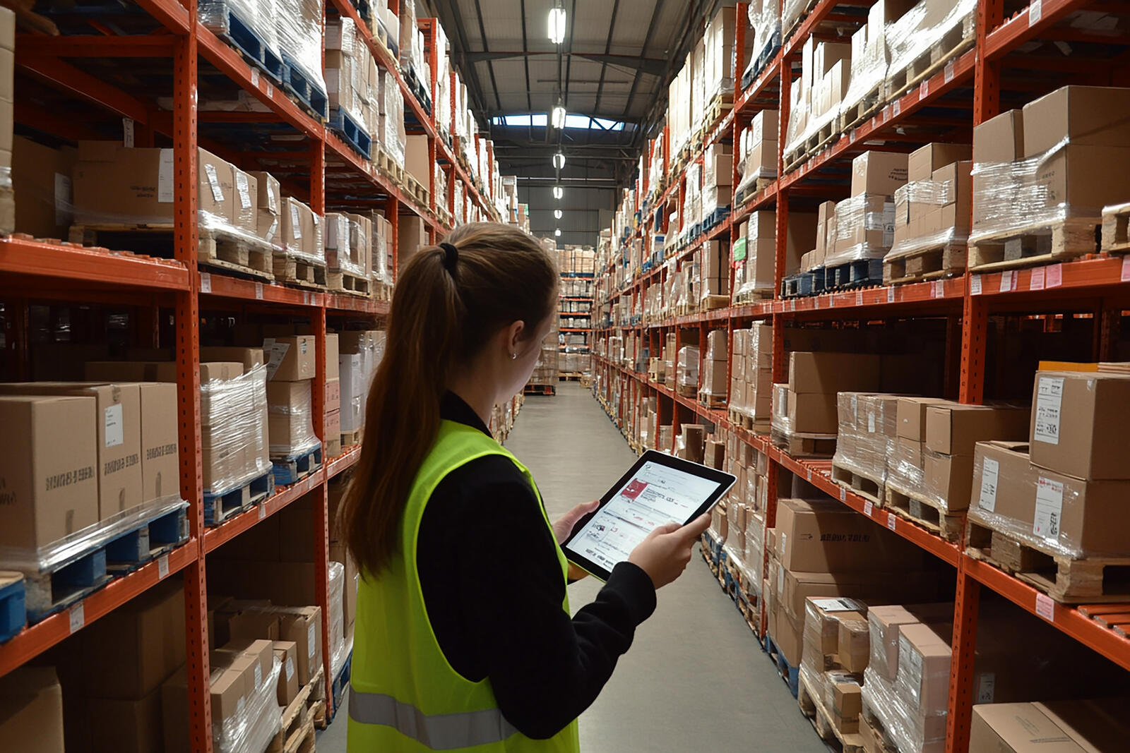 Logistics professional checking stock on a tablet in a warehouse