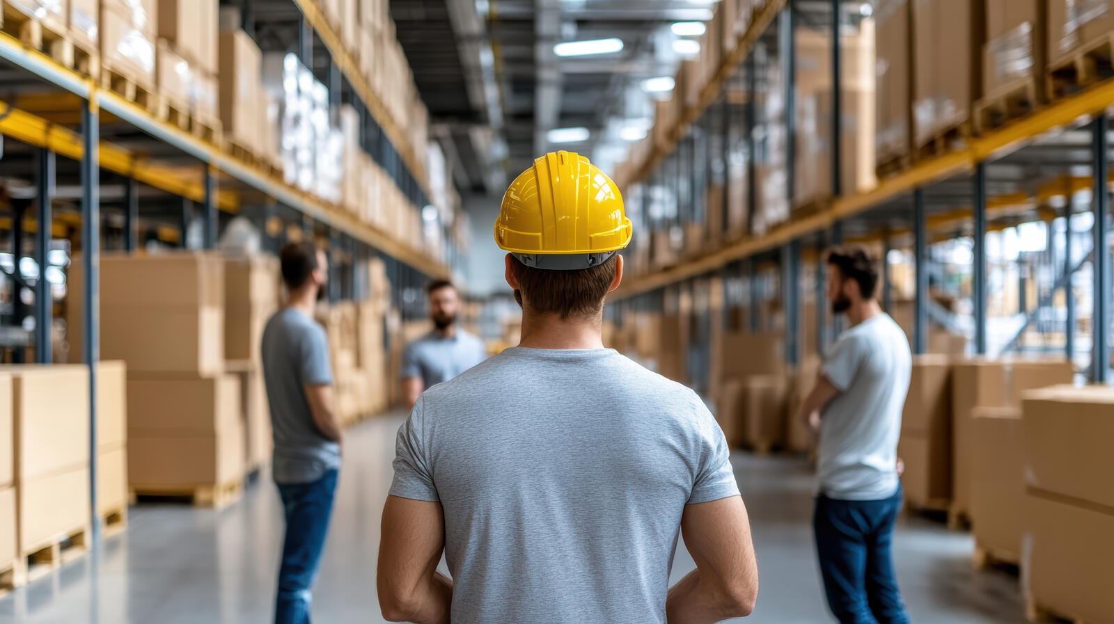 Warehouse team reviewing shelves of packed goods